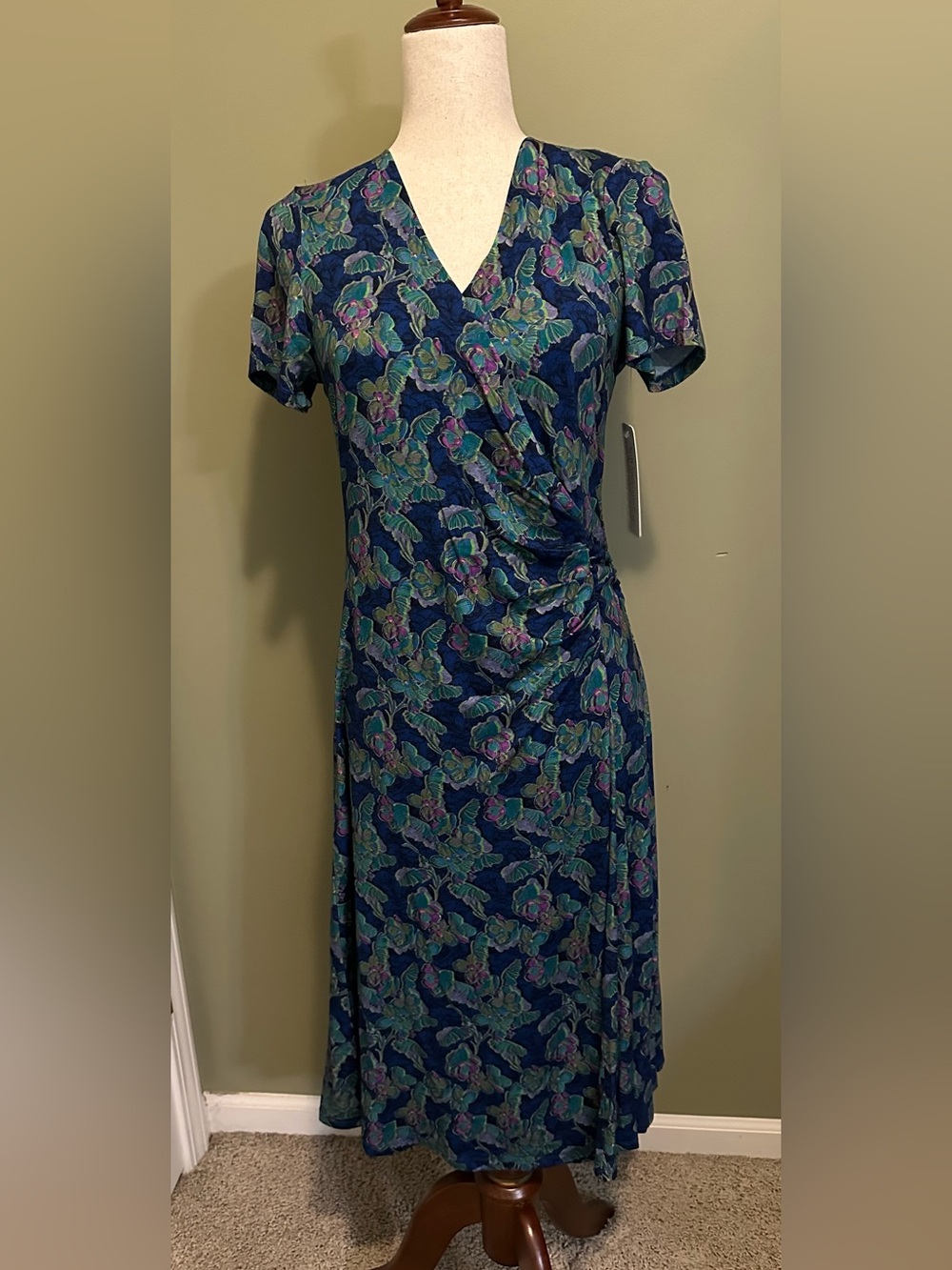Soft Surroundings Navy Wrap Midi Dress with Teal and Purple Floral Print